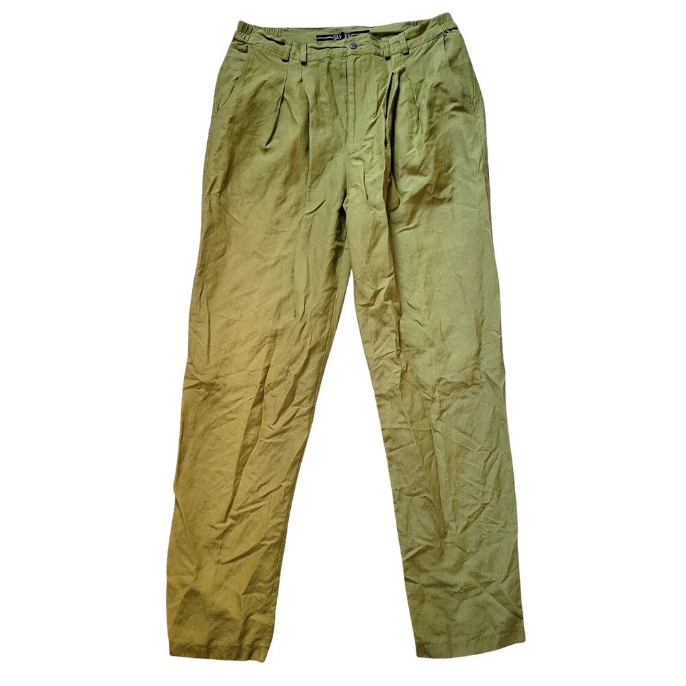Vintage 90s Mens Trousers L Silk Linen Blend Moss Green Pleated Pants 36 Tall
